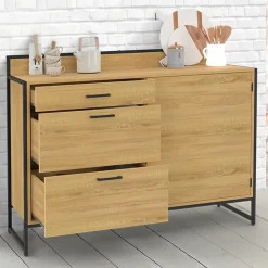Buffet bas casserolier de cuisine 120 cm DETROIT plan de travail H.83 cm 1 porte + 3 tiroirs design industriel