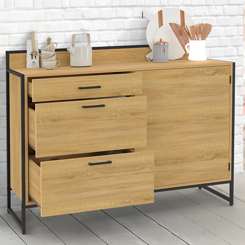Buffet bas casserolier de cuisine 120 cm DETROIT plan de travail H.83 cm 1 porte + 3 tiroirs design industriel