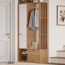 Buffet bas chêne clair avec 3 tiroirs, armoire 2 portes et étagère ouverte, plateau effet marbre, 120x40x77 cm