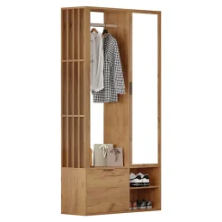 Buffet bas chêne clair avec 3 tiroirs, armoire 2 portes et étagère ouverte, plateau effet marbre, 120x40x77 cm