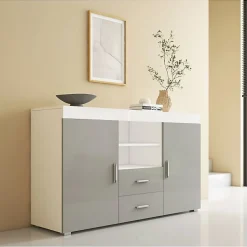 Buffet bas contemporain - Mélamine brillante - Blanc/Gris - 2 portes 2 tiroirs - 140x80x40 cm