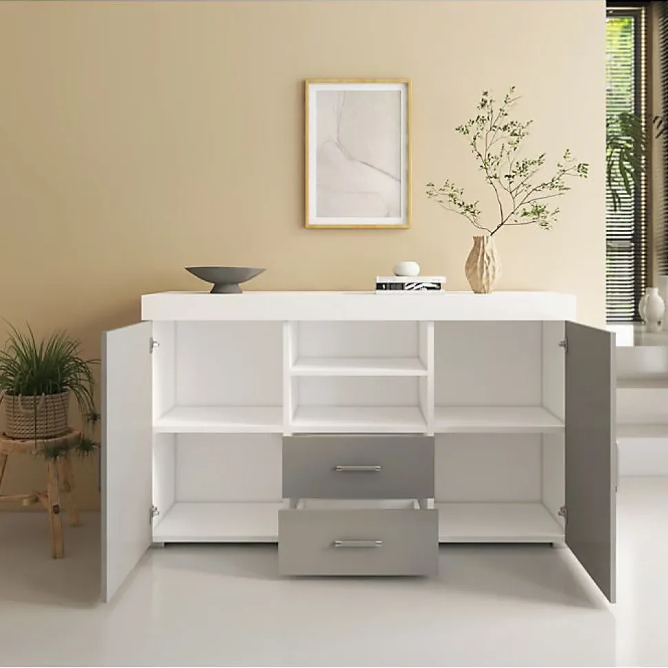 Buffet bas contemporain - Mélamine brillante - Blanc/Gris - 2 portes 2 tiroirs - 140x80x40 cm