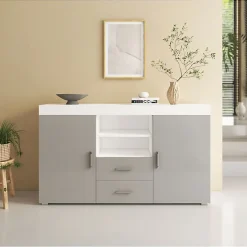 Buffet bas contemporain - Mélamine brillante - Blanc/Gris - 2 portes 2 tiroirs - 140x80x40 cm