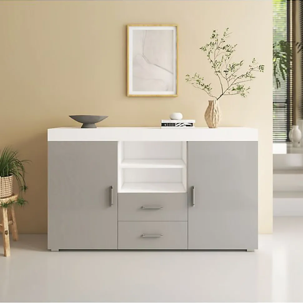 Buffet bas contemporain - Mélamine brillante - Blanc/Gris - 2 portes 2 tiroirs - 140x80x40 cm