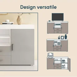Buffet bas contemporain - Mélamine brillante - Blanc/Gris - 2 portes 2 tiroirs - 140x80x40 cm