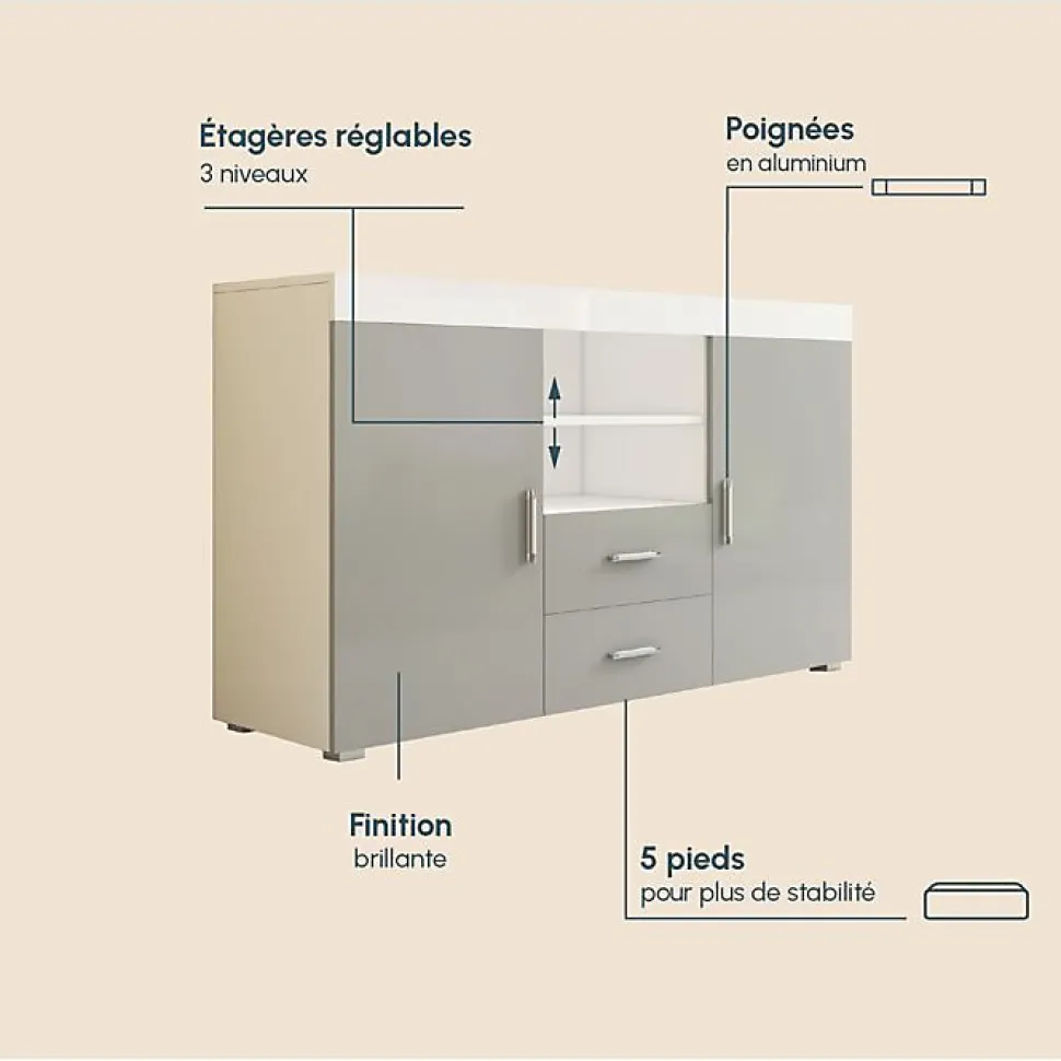 Buffet bas contemporain - Mélamine brillante - Blanc/Gris - 2 portes 2 tiroirs - 140x80x40 cm