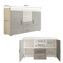 Buffet bas contemporain - Mélamine brillante - Blanc/Gris - 2 portes 2 tiroirs - 140x80x40 cm