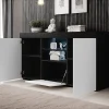 Buffet bas contemporain - Mélamine mate, LED, 3 portes - Noir/Blanc - 150x40x83 cm