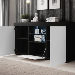 Buffet bas contemporain - Mélamine mate, LED, 3 portes - Noir/Blanc - 150x40x83 cm