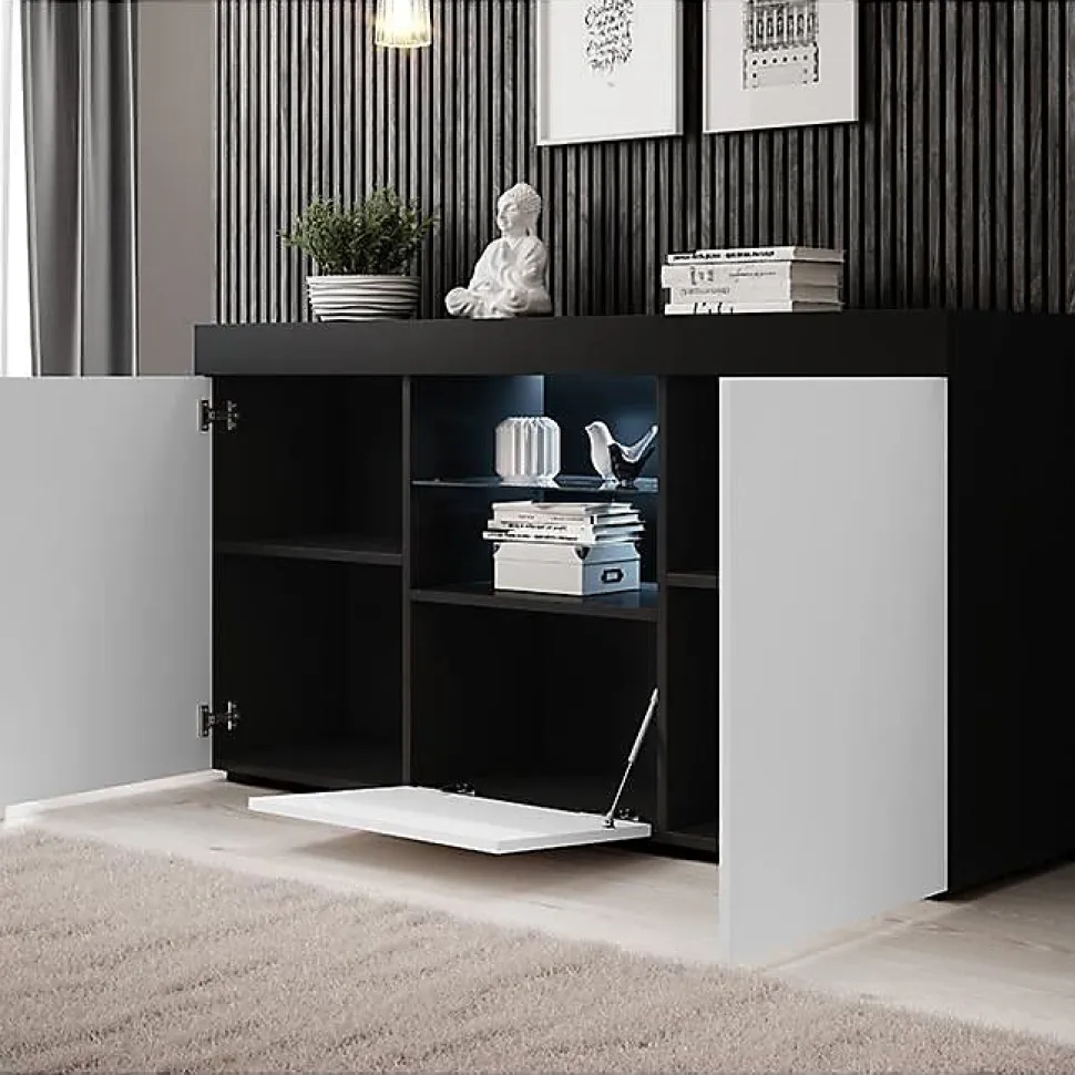 Buffet bas contemporain - Mélamine mate, LED, 3 portes - Noir/Blanc - 150x40x83 cm