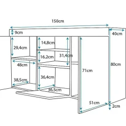 Buffet bas contemporain - Mélamine mate, LED, 3 portes - Noir/Blanc - 150x40x83 cm