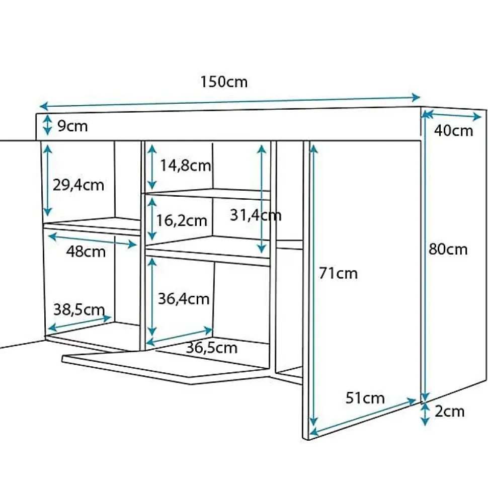 Buffet bas contemporain - Mélamine mate, LED, 3 portes - Noir/Blanc - 150x40x83 cm