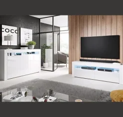 Buffet bas contemporain - 3 portes, LED bleu - Blanc - Mélamine - 155x91x37 cm