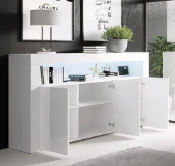 Buffet bas contemporain - 3 portes, LED bleu - Blanc - Mélamine - 155x91x37 cm