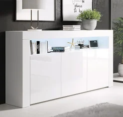 Buffet bas contemporain - 3 portes, LED bleu - Blanc - Mélamine - 155x91x37 cm