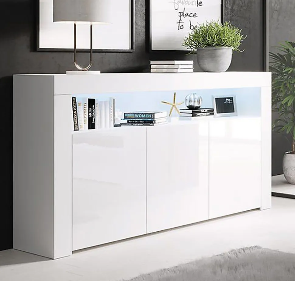 Buffet bas contemporain - 3 portes, LED bleu - Blanc - Mélamine - 155x91x37 cm