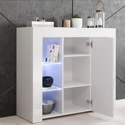 Buffet bas contemporain - Blanc brillant - Mélamine - LED bleues - 1 porte - 94x35x83 cm