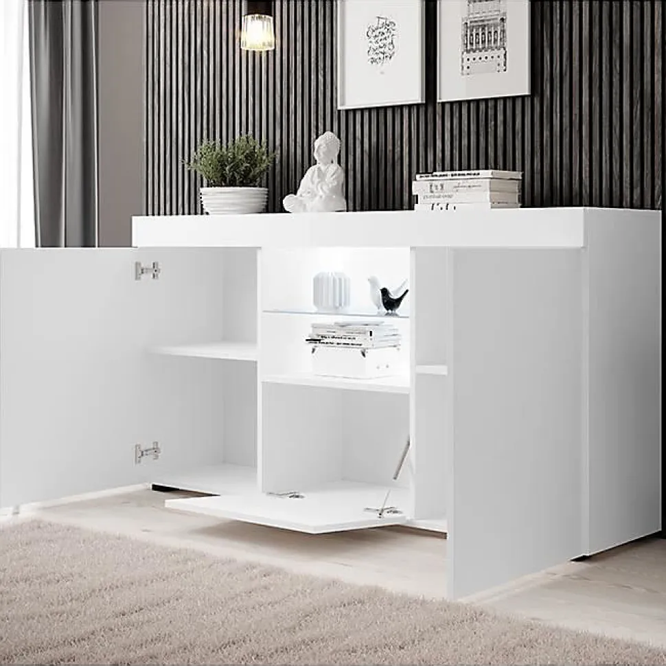 Buffet bas contemporain - 3 portes, LED, mélamine mat - Blanc - 150x40x83,5 cm