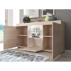 Buffet bas contemporain - Mélamine sonoma mat - LED - 3 portes 1 tiroir - 135x70x34 cm