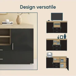Buffet bas contemporain - Sonoma & Noir - Mélamine - 2 portes 2 tiroirs - 140x40x80 cm