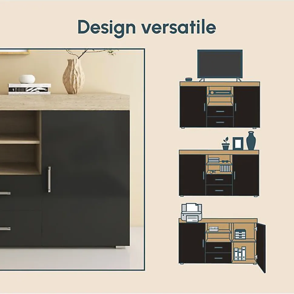 Buffet bas contemporain - Sonoma & Noir - Mélamine - 2 portes 2 tiroirs - 140x40x80 cm