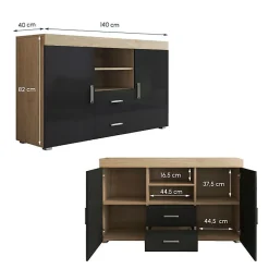 Buffet bas contemporain - Sonoma & Noir - Mélamine - 2 portes 2 tiroirs - 140x40x80 cm