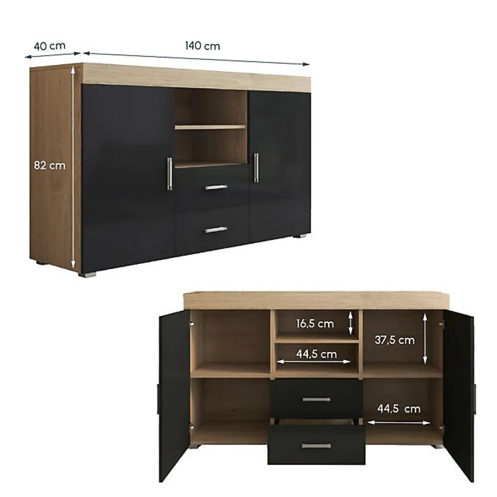 Buffet bas contemporain - Sonoma & Noir - Mélamine - 2 portes 2 tiroirs - 140x40x80 cm