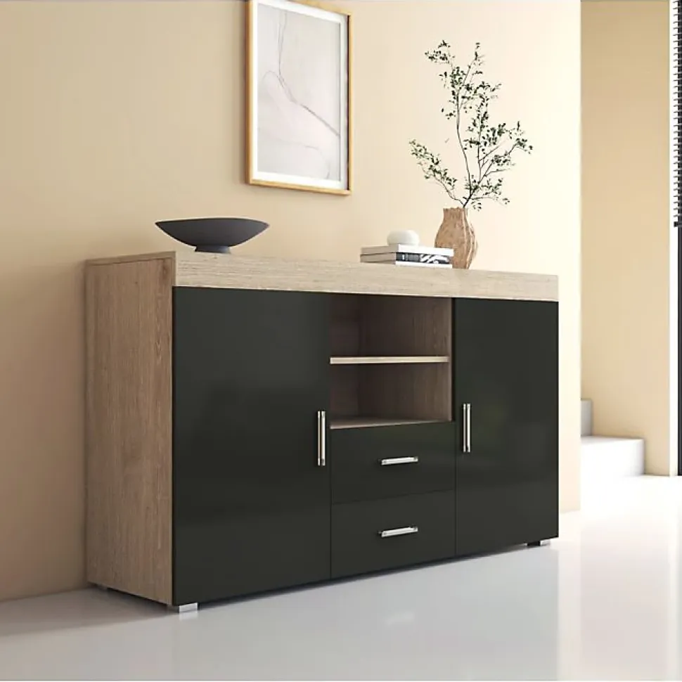 Buffet bas contemporain - Sonoma & Noir - Mélamine - 2 portes 2 tiroirs - 140x40x80 cm