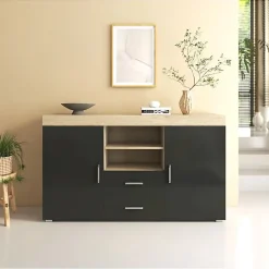 Buffet bas contemporain - Sonoma & Noir - Mélamine - 2 portes 2 tiroirs - 140x40x80 cm