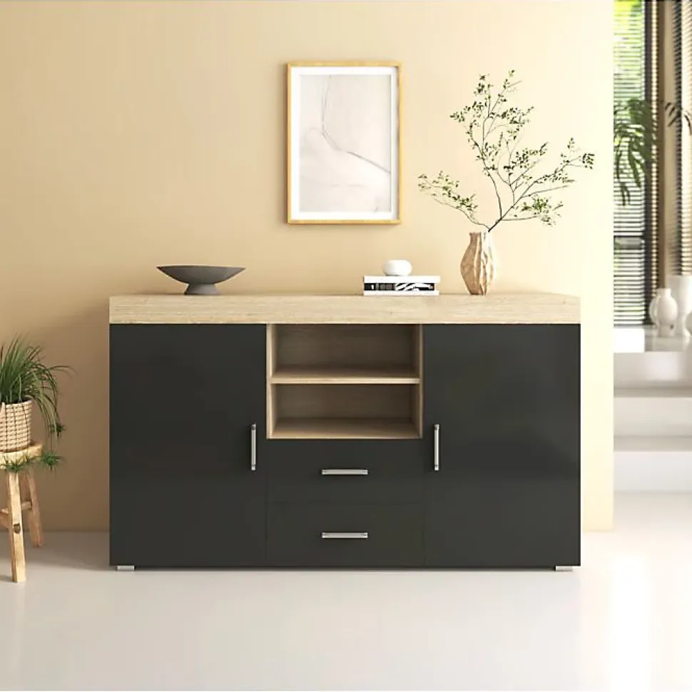 Buffet bas contemporain - Sonoma & Noir - Mélamine - 2 portes 2 tiroirs - 140x40x80 cm