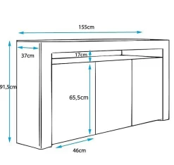 Buffet bas contemporain - Noir brillant - Mélamine - 3 portes - LED - 155x91,5x37 cm