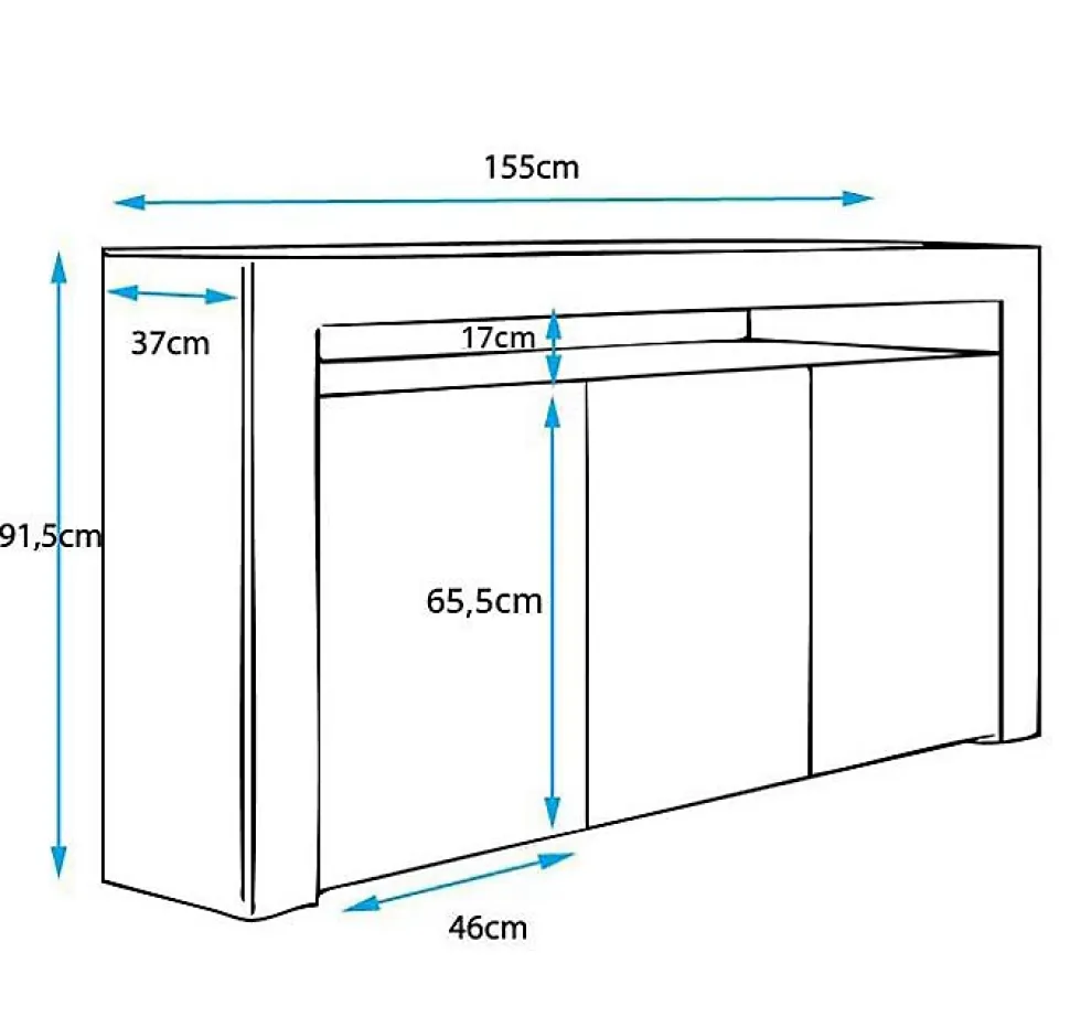 Buffet bas contemporain - Noir brillant - Mélamine - 3 portes - LED - 155x91,5x37 cm