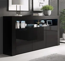 Buffet bas contemporain - Noir brillant - Mélamine - 3 portes - LED - 155x91,5x37 cm