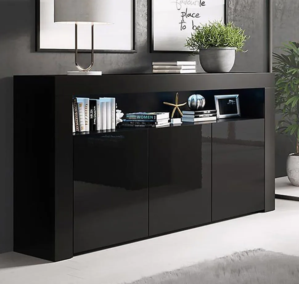 Buffet bas contemporain - Noir brillant - Mélamine - 3 portes - LED - 155x91,5x37 cm