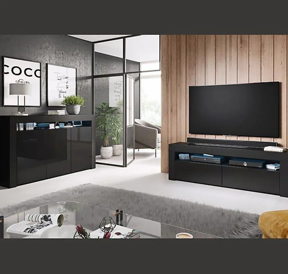 Buffet bas contemporain - Noir brillant - Mélamine - 3 portes - LED - 155x91,5x37 cm