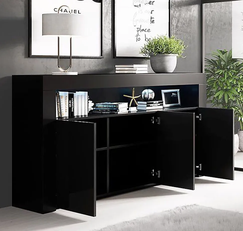 Buffet bas contemporain - Noir brillant - Mélamine - 3 portes - LED - 155x91,5x37 cm