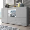 Buffet bas contemporain - Gris brillant, mélamine, LED - 3 portes, tiroir - 135x72x34 cm
