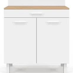 Buffet bas de cuisine 80 cm CINA plan de travail H.83 cm 2 portes + tiroir façon hêtre et blanc