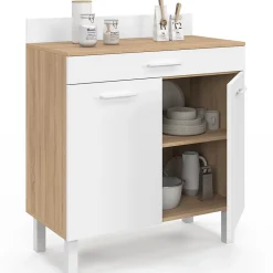 Buffet bas de cuisine 80 cm CINA plan de travail H.83 cm 2 portes + tiroir façon hêtre et blanc