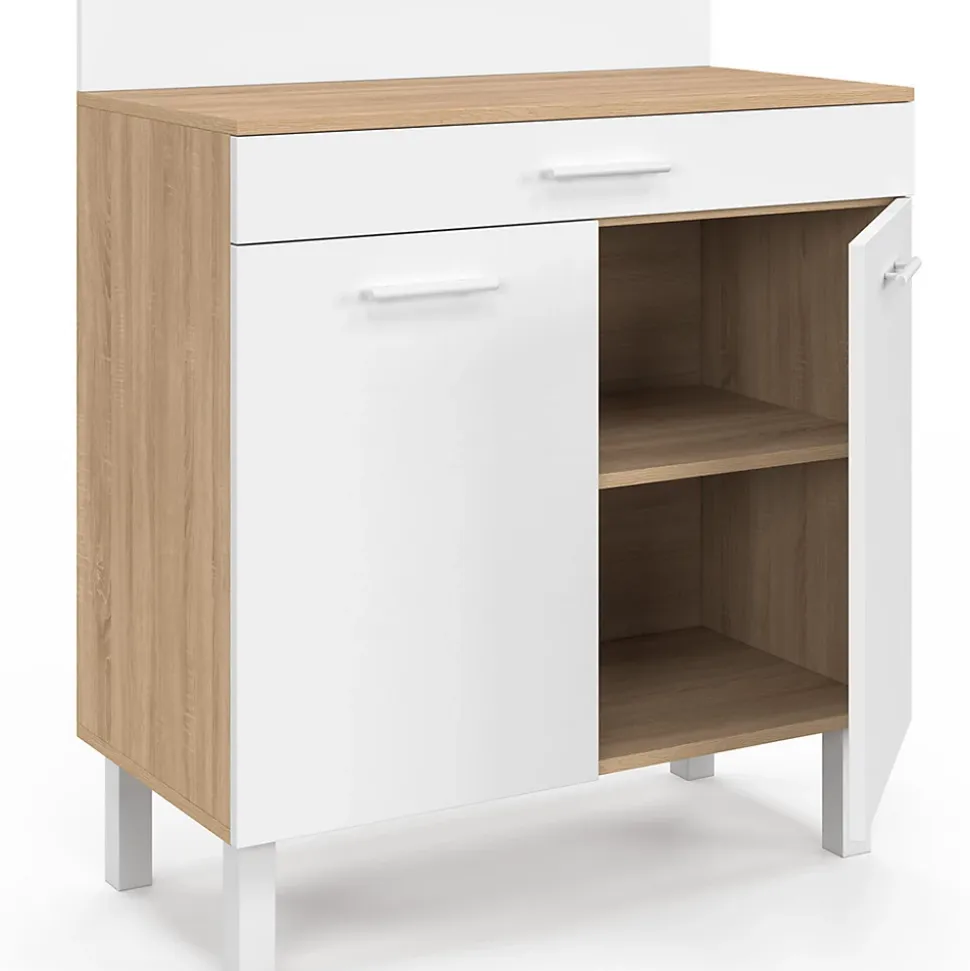 Buffet bas de cuisine 80 cm CINA plan de travail H.83 cm 2 portes + tiroir façon hêtre et blanc