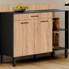 Buffet bas de cuisine 120 cm CINA plan de travail H.83 cm 2 portes + tiroir noir et façon hêtre