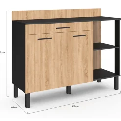 Buffet bas de cuisine 120 cm CINA plan de travail H.83 cm 2 portes + tiroir noir et façon hêtre