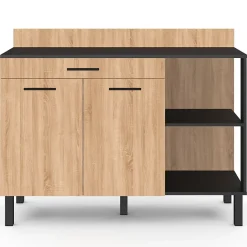 Buffet bas de cuisine 120 cm CINA plan de travail H.83 cm 2 portes + tiroir noir et façon hêtre