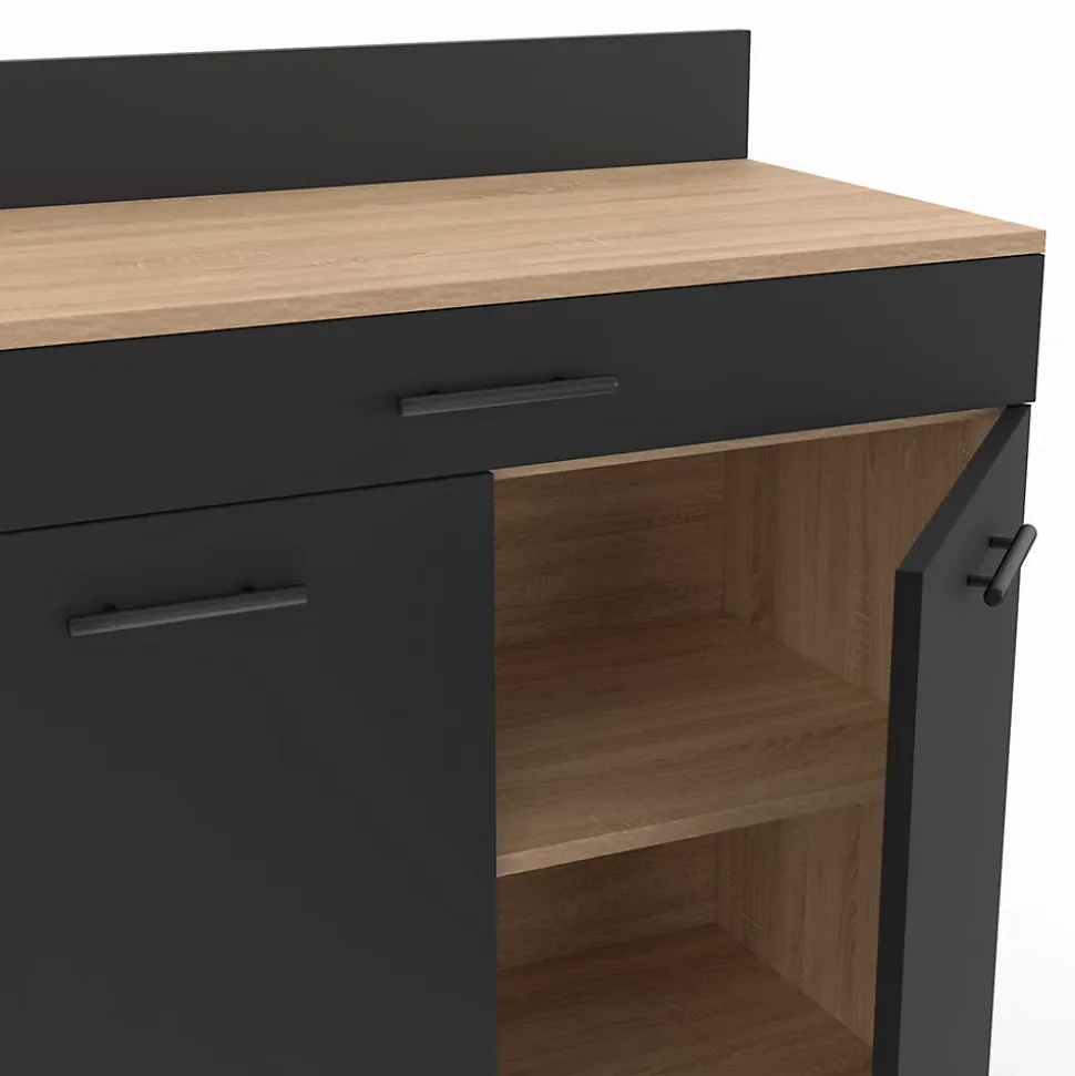 Buffet bas de cuisine 80 cm CINA plan de travail H.83 cm 2 portes + tiroir façon hêtre et noir