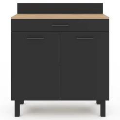 Buffet bas de cuisine 80 cm CINA plan de travail H.83 cm 2 portes + tiroir façon hêtre et noir