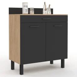 Buffet bas de cuisine 80 cm CINA plan de travail H.83 cm 2 portes + tiroir façon hêtre et noir
