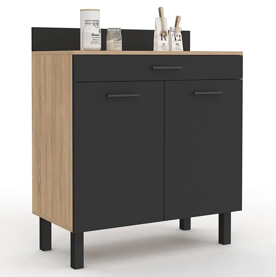 Buffet bas de cuisine 80 cm CINA plan de travail H.83 cm 2 portes + tiroir façon hêtre et noir