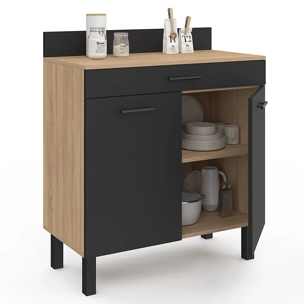 Buffet bas de cuisine 80 cm CINA plan de travail H.83 cm 2 portes + tiroir façon hêtre et noir