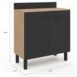 Buffet bas de cuisine 80 cm CINA plan de travail H.83 cm 2 portes + tiroir façon hêtre et noir