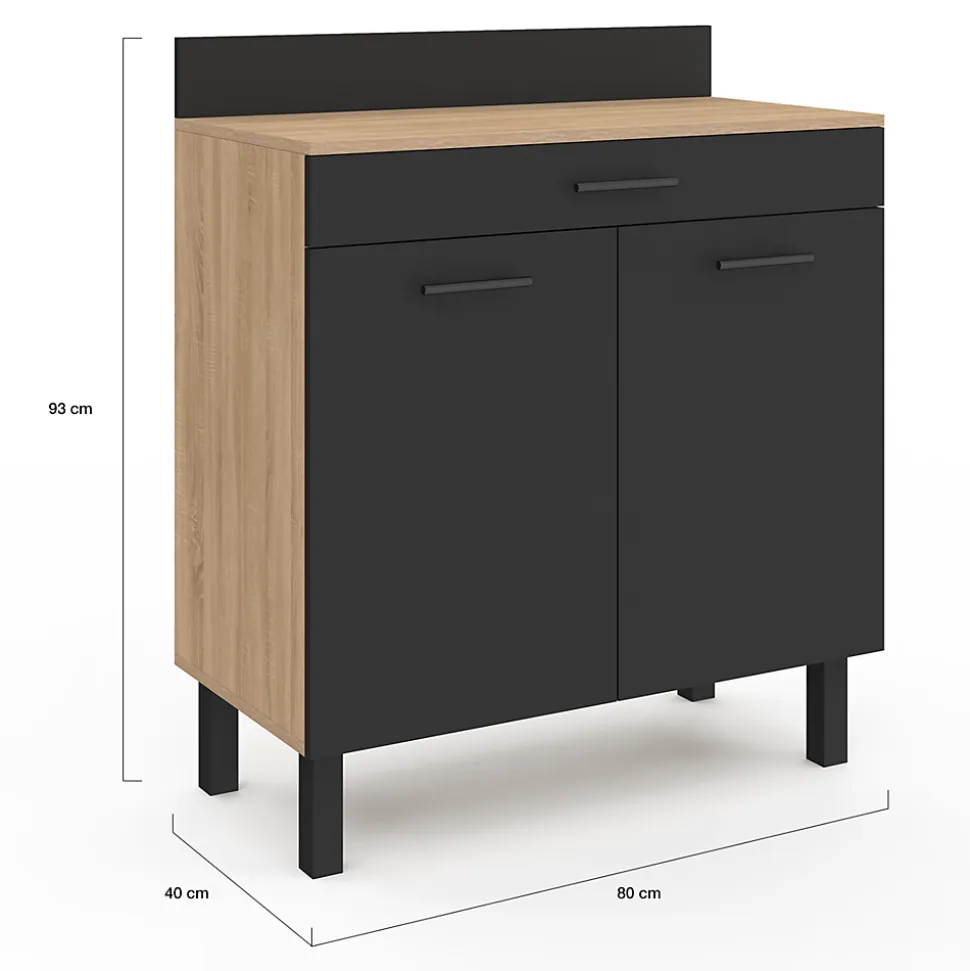 Buffet bas de cuisine 80 cm CINA plan de travail H.83 cm 2 portes + tiroir façon hêtre et noir